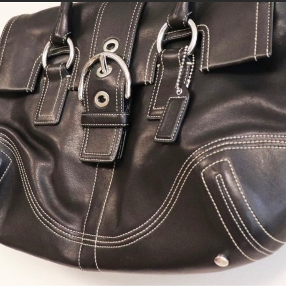 Coach Black Leather Soho Satchel Flap Buckle Bag.
